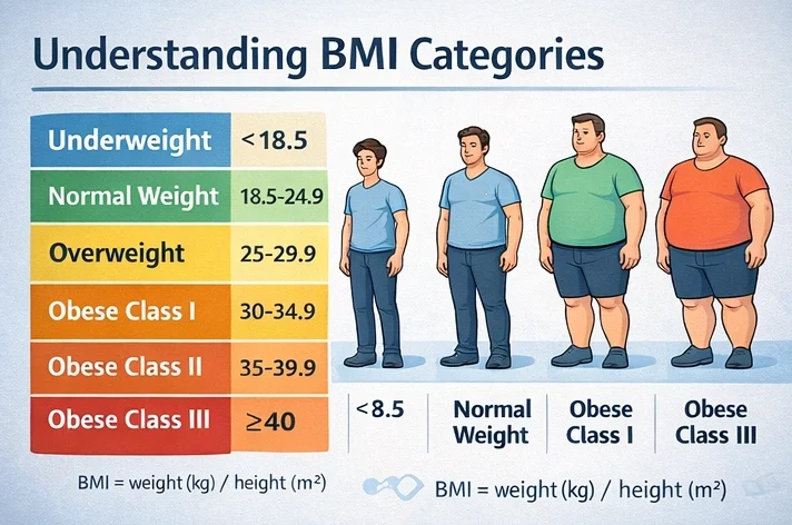 Illustration showing how Body Mass Index BMI is used to assess body weight relative to height